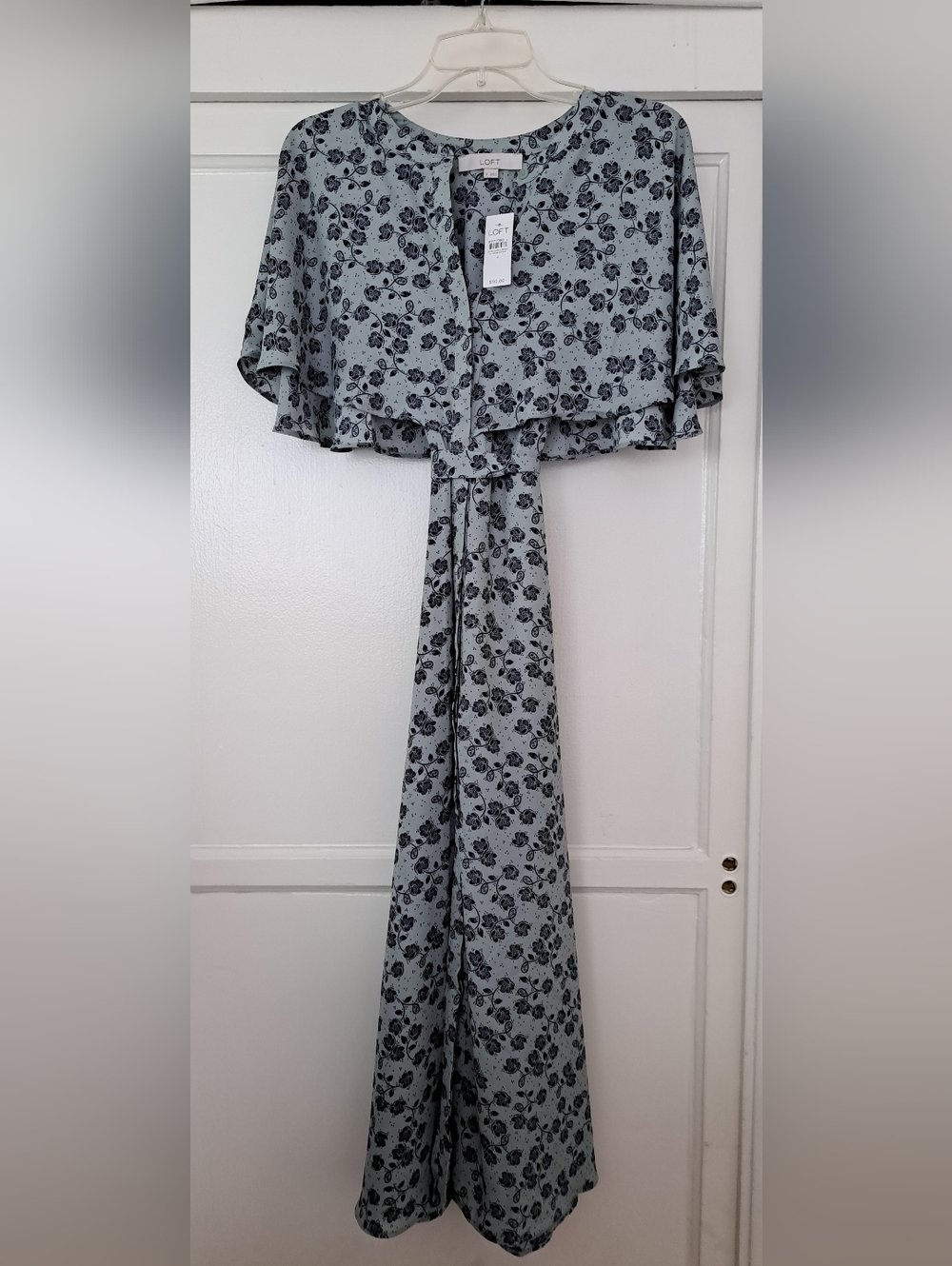 Mint Green Cape Maxi Dress with Navy Blue Floral Accents